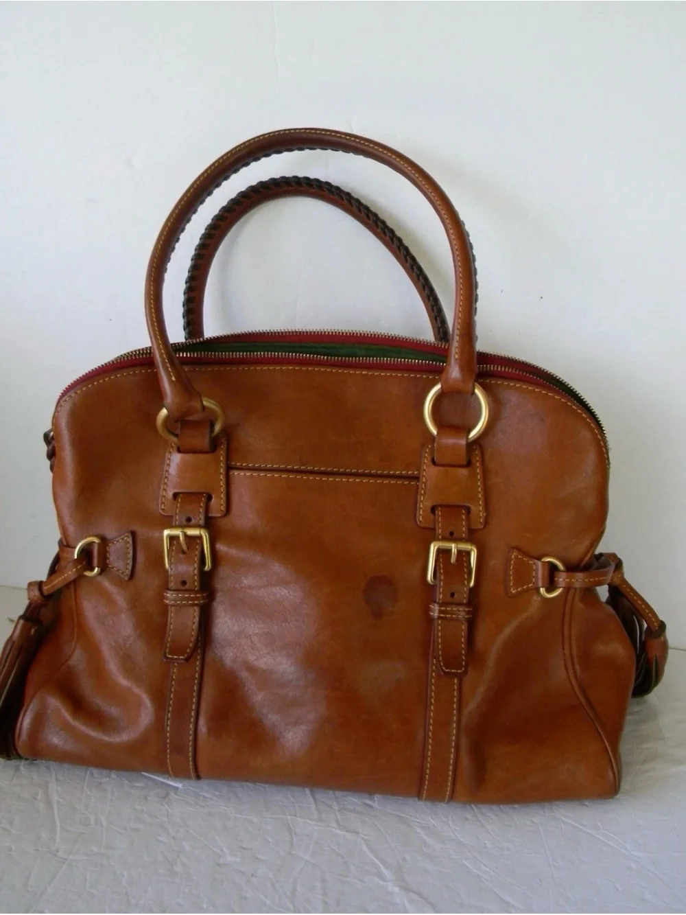 Dooney & Bourke Florentine NATURAL Leather Domed Buckle Satchel Tassels SHOULDER